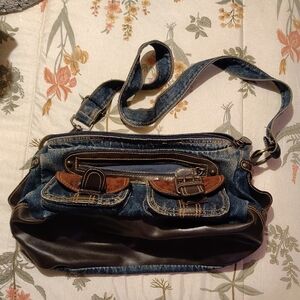 Stylish Denim and Brown Shoulder Bag